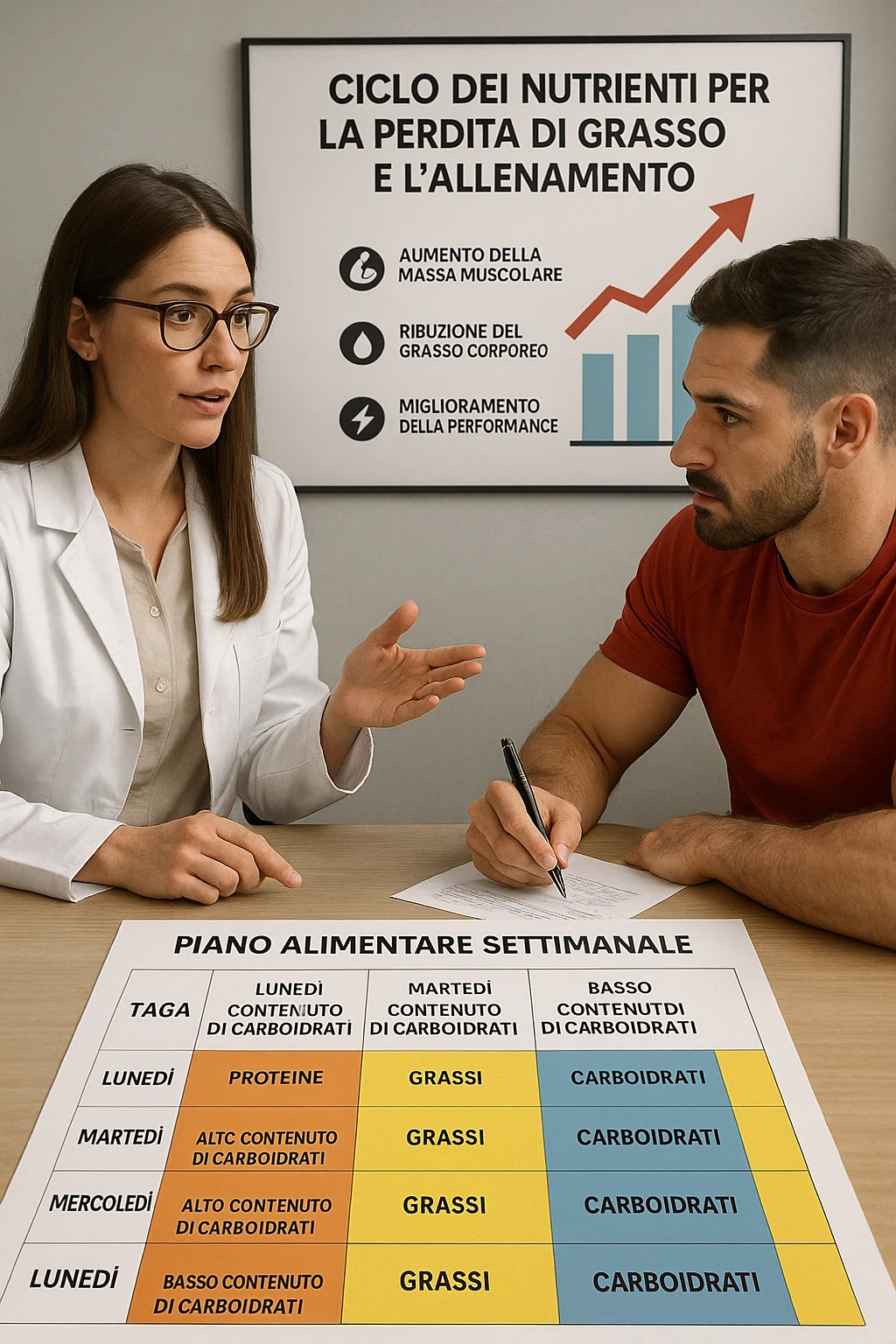 a nutritionist explains to an athlete how to cycle macronutrients for fat loss and training. On the desk, a weekly meal planner shows alternating high-carb and low-carb days, with color-coded sections for proteine, grassi, and carbo. The athlete takes notes, and a chart in the background illustrates the benefits of nutrient cycling. The mood is professional and educational. scritto in italiano emoji