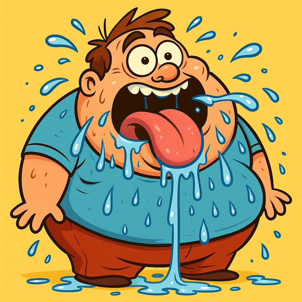 cartoon style fat man drooling everywhere, tongue out, eyes open emoji
