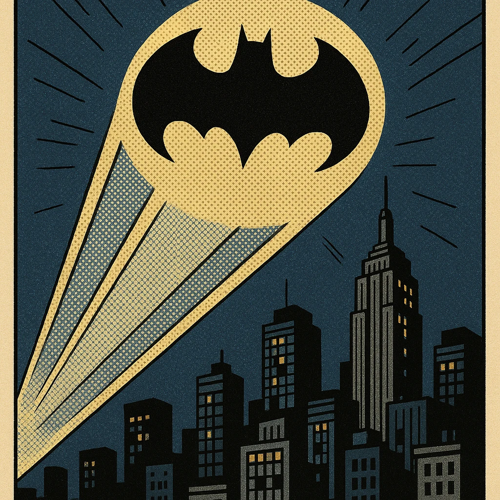 bat signal, comic book style, bold lines, city skyline emoji
