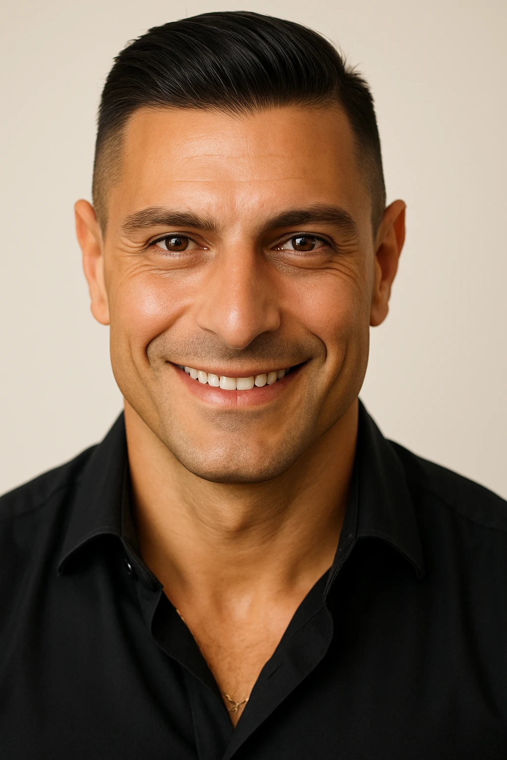 Vertical portrait of a man's face in a realistic style with a smiling expression. No visible parasites, with an aura of health and vitality around the face. emoji