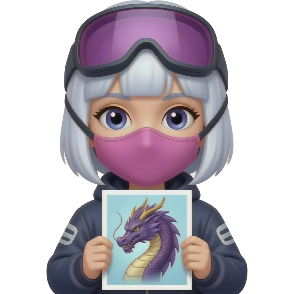 Pretty white girl with purple hair with a pink ski mask holding a draco emoji