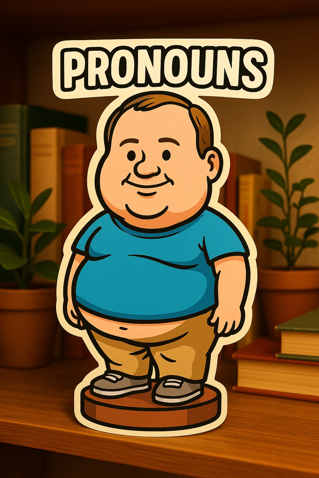 an obese man with the word 'PRONOUNS' at the top, clear and readable, meme or sticker style emoji