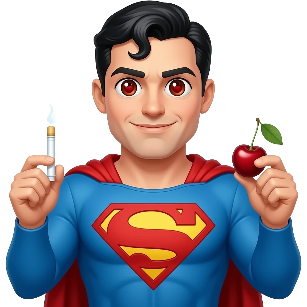 Make this with , the eyes have Cherries as pupils and the left hand is holding a joint and the right hand a cherry, Superman with his complete look emoji