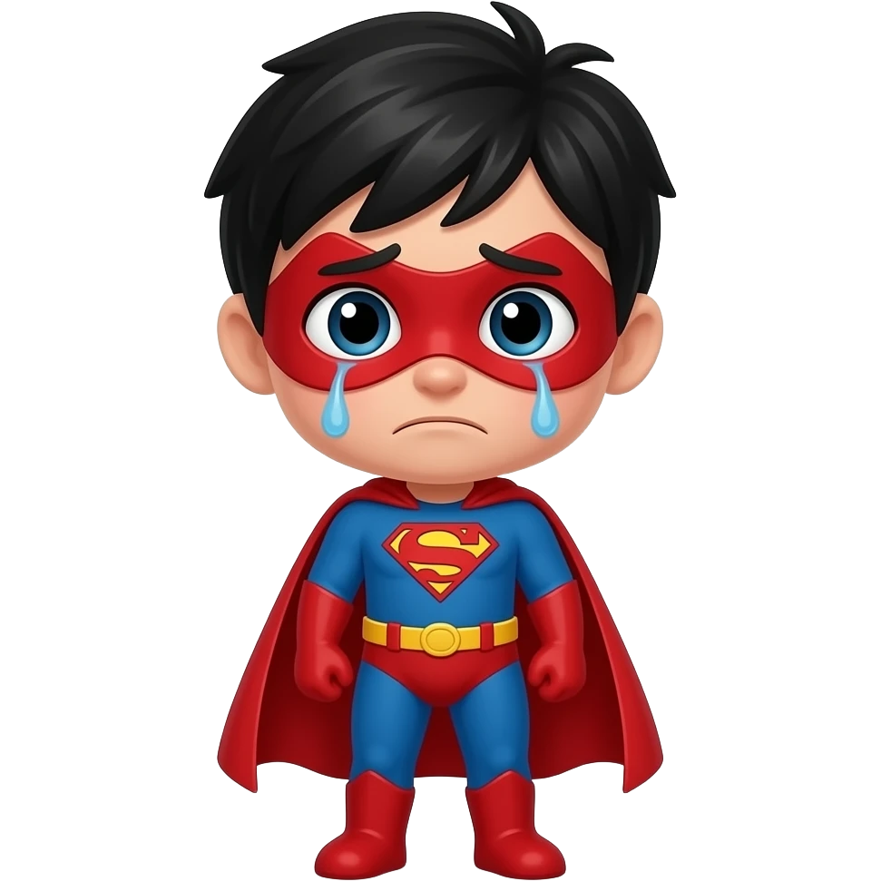 quiero que me hagas a un superheroe con el pelo negro mascara roja i con un traje rojo que sea un niño de cuerpo completo triste emoji