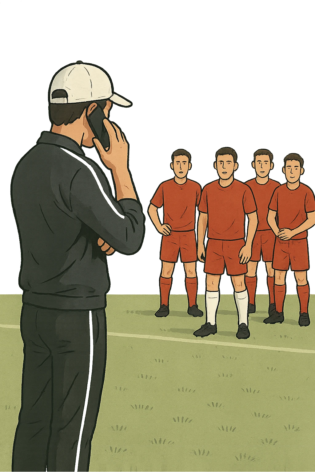 a coach is seen far away on the sidelines, partially turned away from the team or group, engaged in another activity (like reading, texting, or talking on the phone), while the athletes look toward them for support or instruction. The distance between coach and team is visually clear, symbolizing lack of presence. in italiano emoji