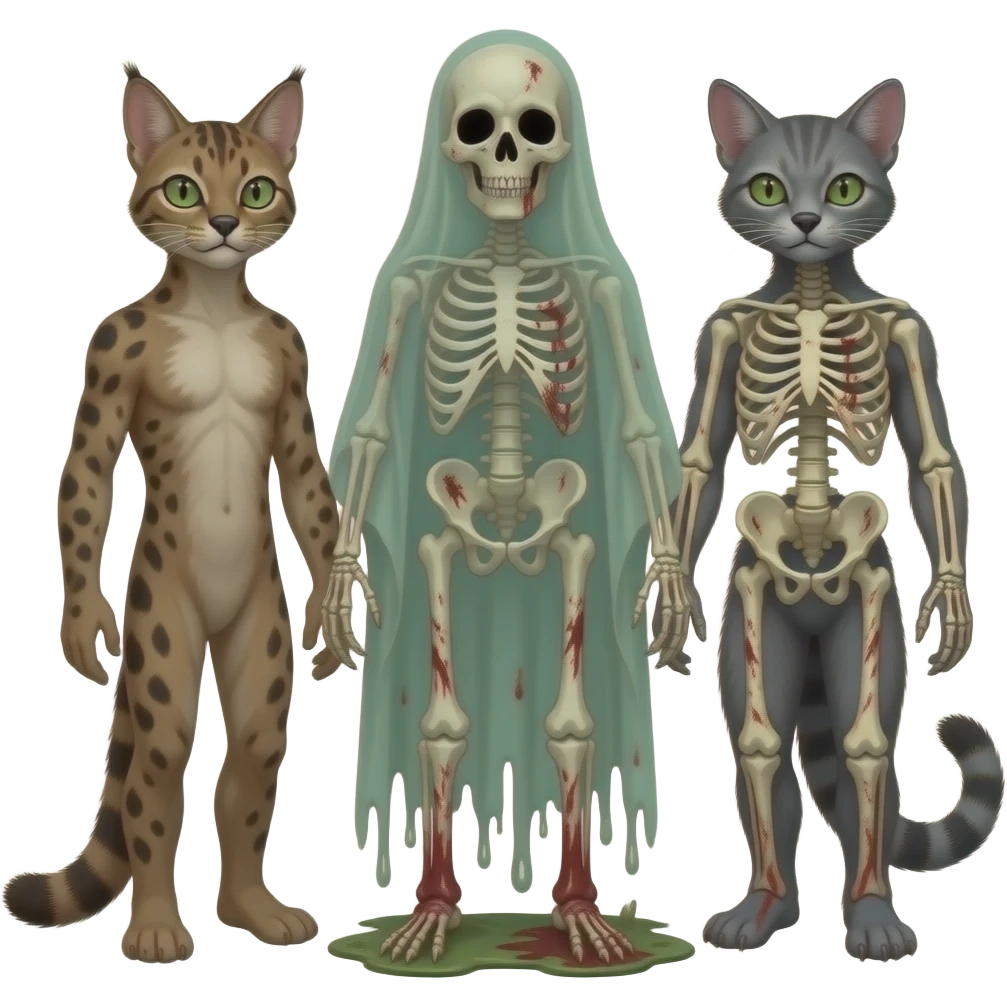 evil zombie-like swampy ghostly dull spectral edgy spooky bloody meager thin cool beautiful skeleton-fantasy-caracal-civet-genet-sergal-vernid-Gryphon-Cacomistle-Trico-oncilla-animal-Fakémon-hybrid-fursona (full body) emoji