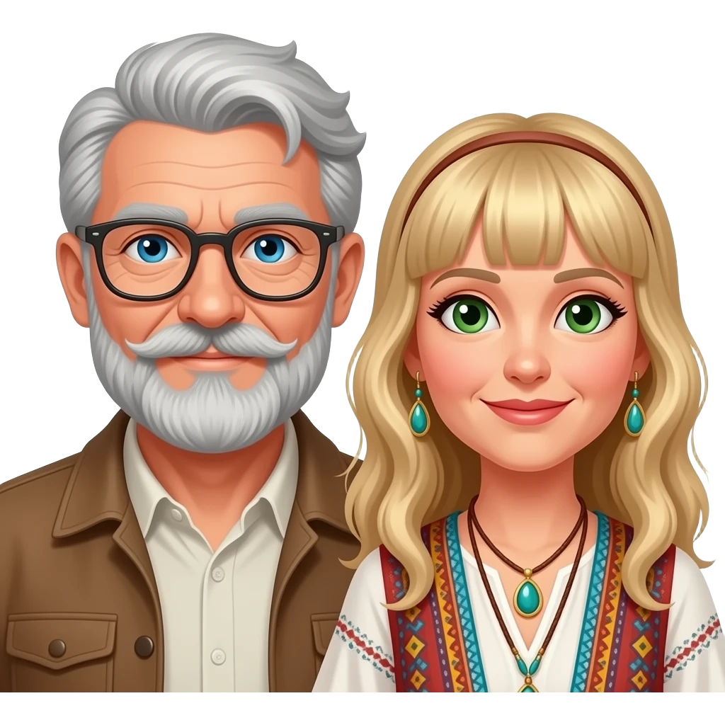 Emoji of a senior man  with blue eyes a beard mustash wearing glasses with a older  lady dressed in hippie bohemian with blonde hair glasses with bangs  glasses  green eyes  dressed hippie  bohemian style emoji
