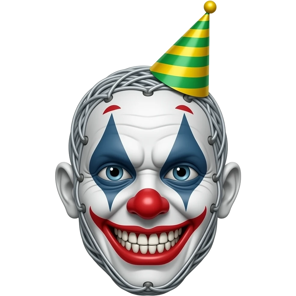 Grey wires with a bald white animatronic clown face and no lips with sharp teeth And a green and yellow stripy party hat emoji