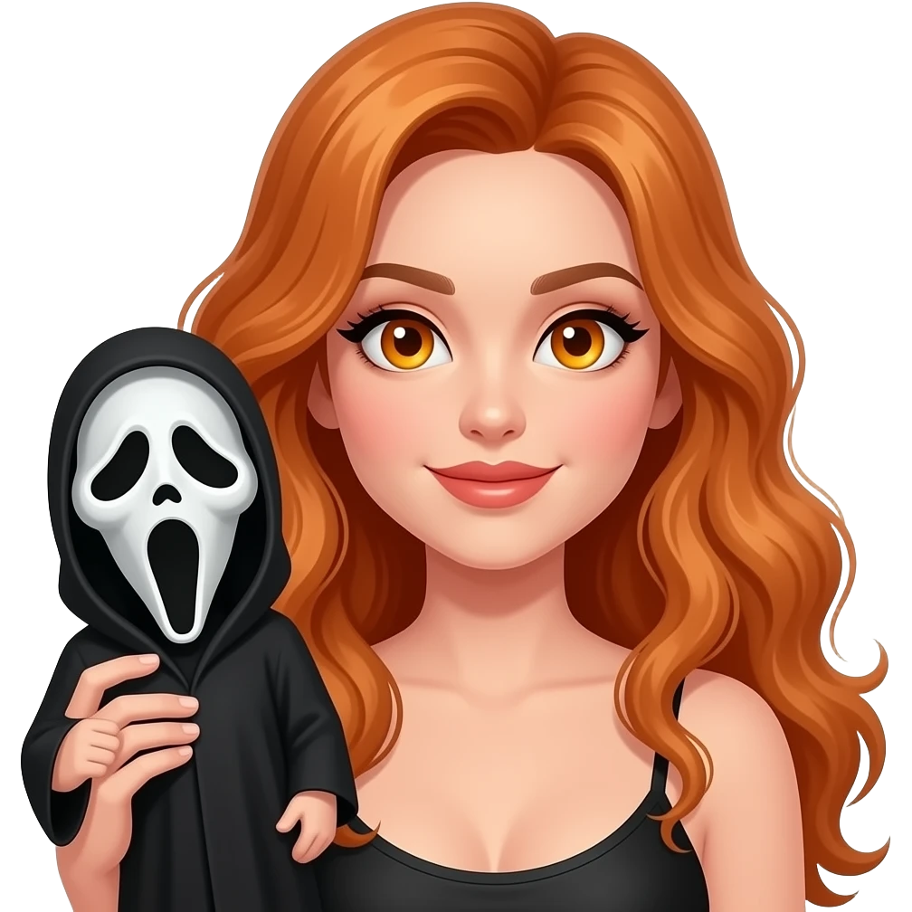 sexy girl with long wavy ginger hair and ginger eyes is holding a GHOSTFACE is HOT sign emoji