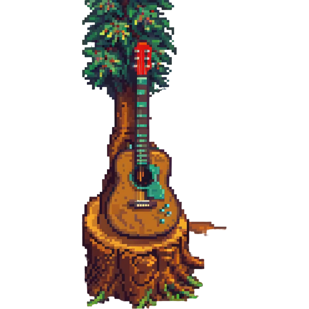 pixel art guitar resting on a tree stump, retro style, warm muted colors, subtle grain, nostalgic aesthetic emoji