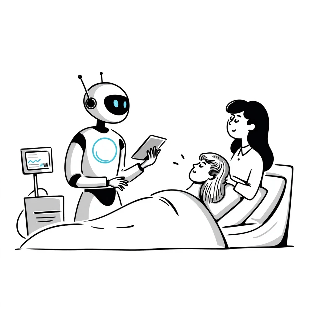 hand-drawn doodle of AI assisting a nurse with a patient emoji