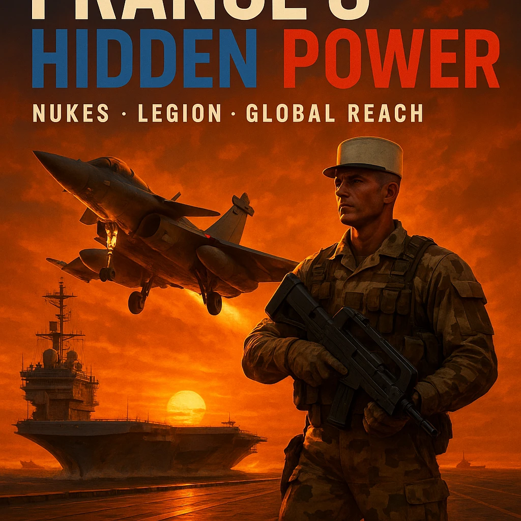 Dramatic 8K scene of a Rafale jet taking off from a French carrier at sunset with an orange glow. Foreground features a Foreign Legionnaire in desert camouflage with a futuristic weapon. Bold tricolor text: 'FRANCE’S HIDDEN POWER'. Subtext: 'Nukes • Legion • Global Reach'. Epic, cinematic. emoji