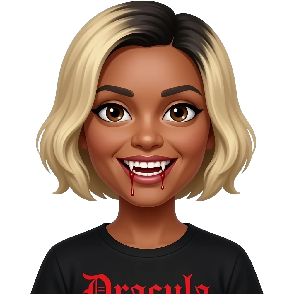 women blond medium short hair face looking to the side with black roots, black skin, brown eyes, black tee shirt vamp red writing,  dracula teeth with blood on the fangs emoji