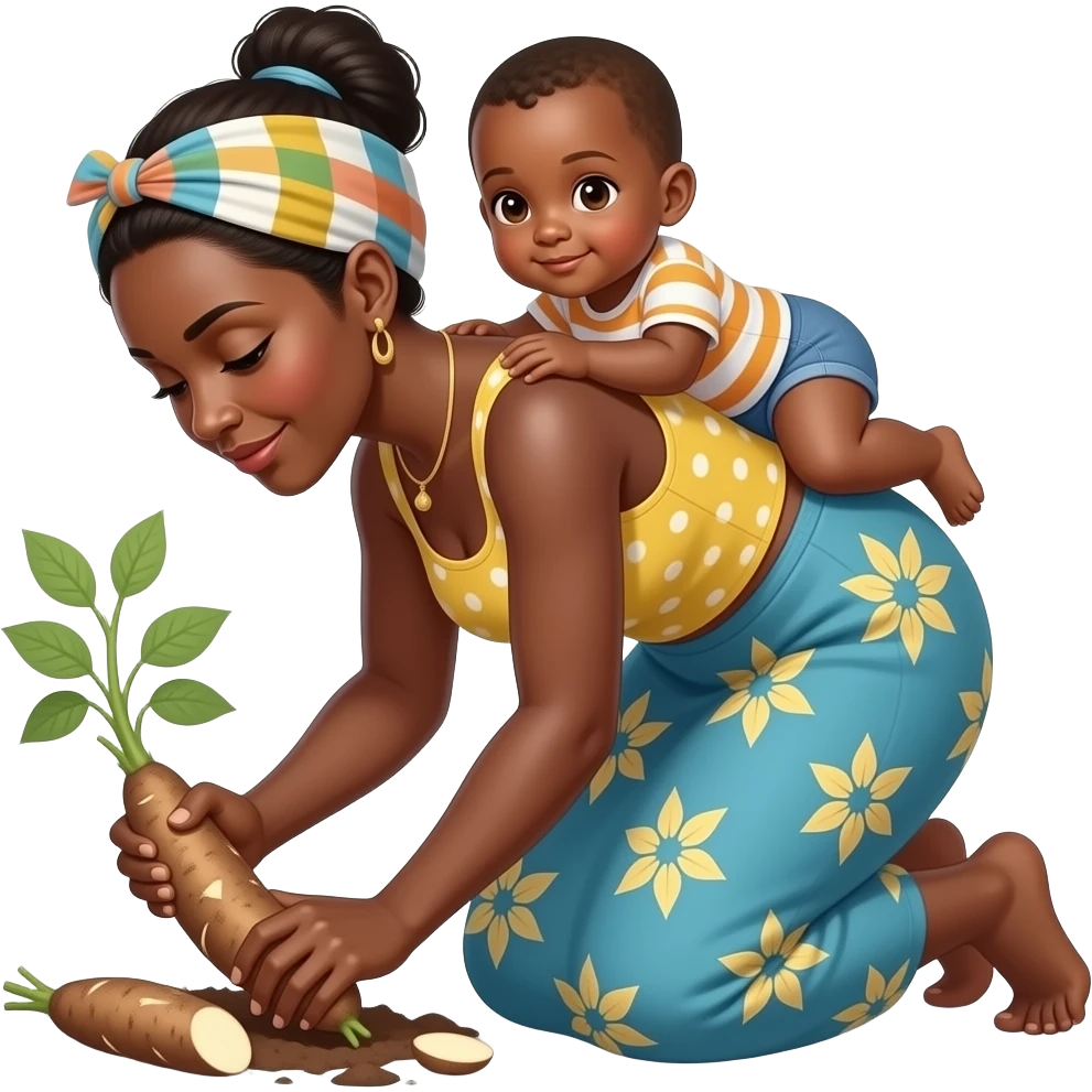 Femme africaine pilant manioc avec bébé sur le dos emoji