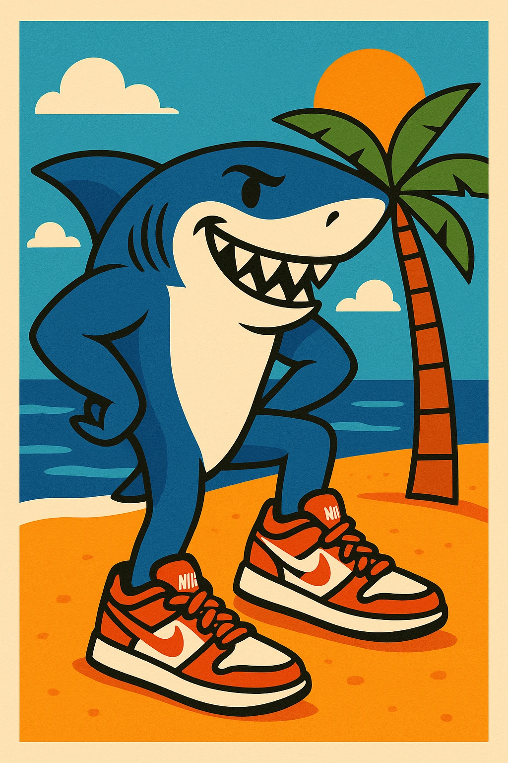 modern illustration style shark wearing Nike sports sneakers, posing on the beach emoji