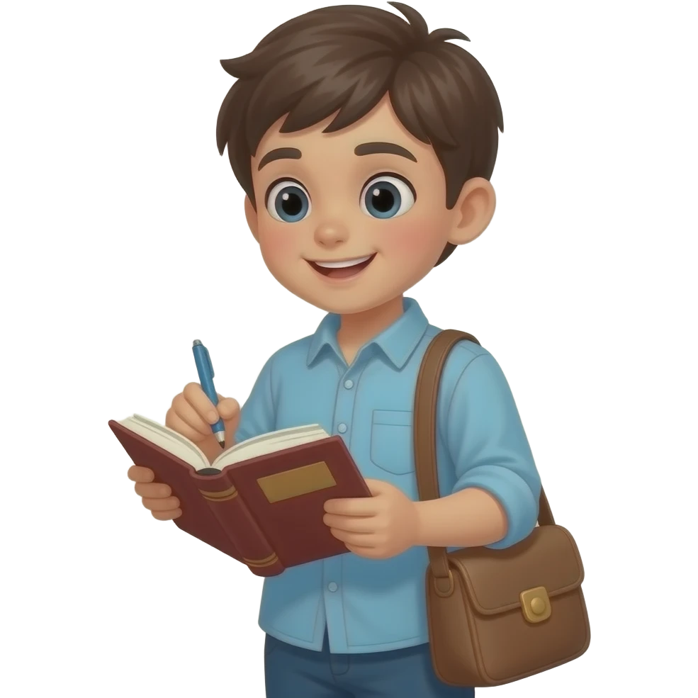 एक किताब का इमोजी बनाओ जो की एक लड़का एक हाथ से तो पड़ी हुई है किताब और दूसरे हाथ से कुछ लिख रहा हो किताब में और लड़का खड़ा होना चाहिए अरे यह बैग हटाओ लड़के का मुंह किताब की तरफ होना चाहिए यह बैग हटाओ और कुछ अच्छे कपड़े पहनो बस एक हाथ से पड़ी हुई होनी चाहिए एक हाथहटाओ emoji