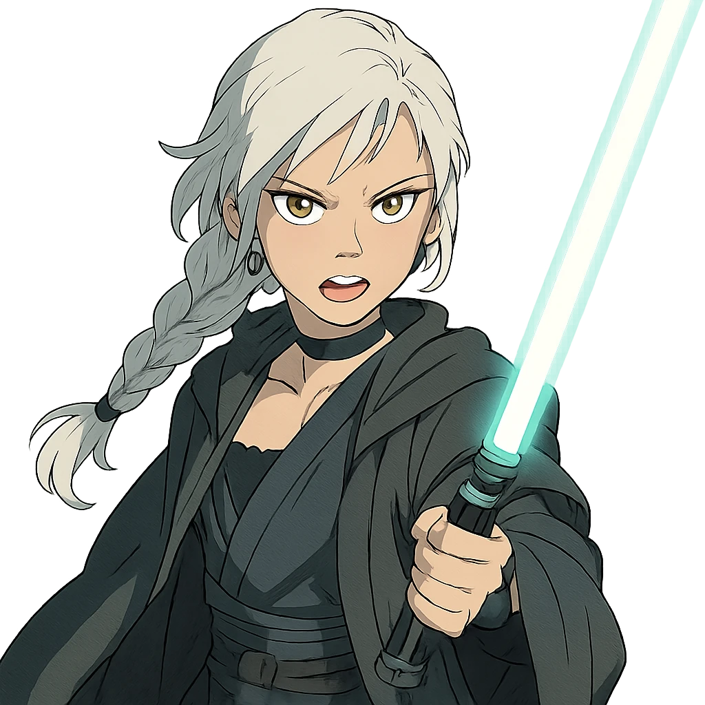  a closeup portrait of young woman with gold yellow eyes, white hair, long braid, black off-shoulder top, punk gothic style, futuristic cyberwave cyberpunk,  jedi attire and posture robes of a padawan, foreweilding a bright blue-green lightsaber, angry fierce face expression, power stance, 30-90 emoji