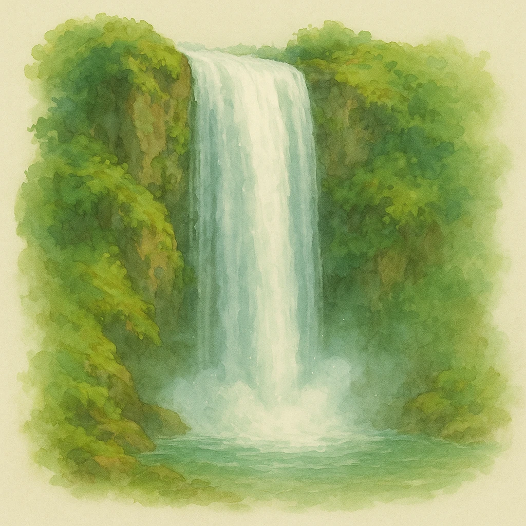 a realistic waterfall, natural colors, soft, fairy-like atmosphere, no background, square size emoji