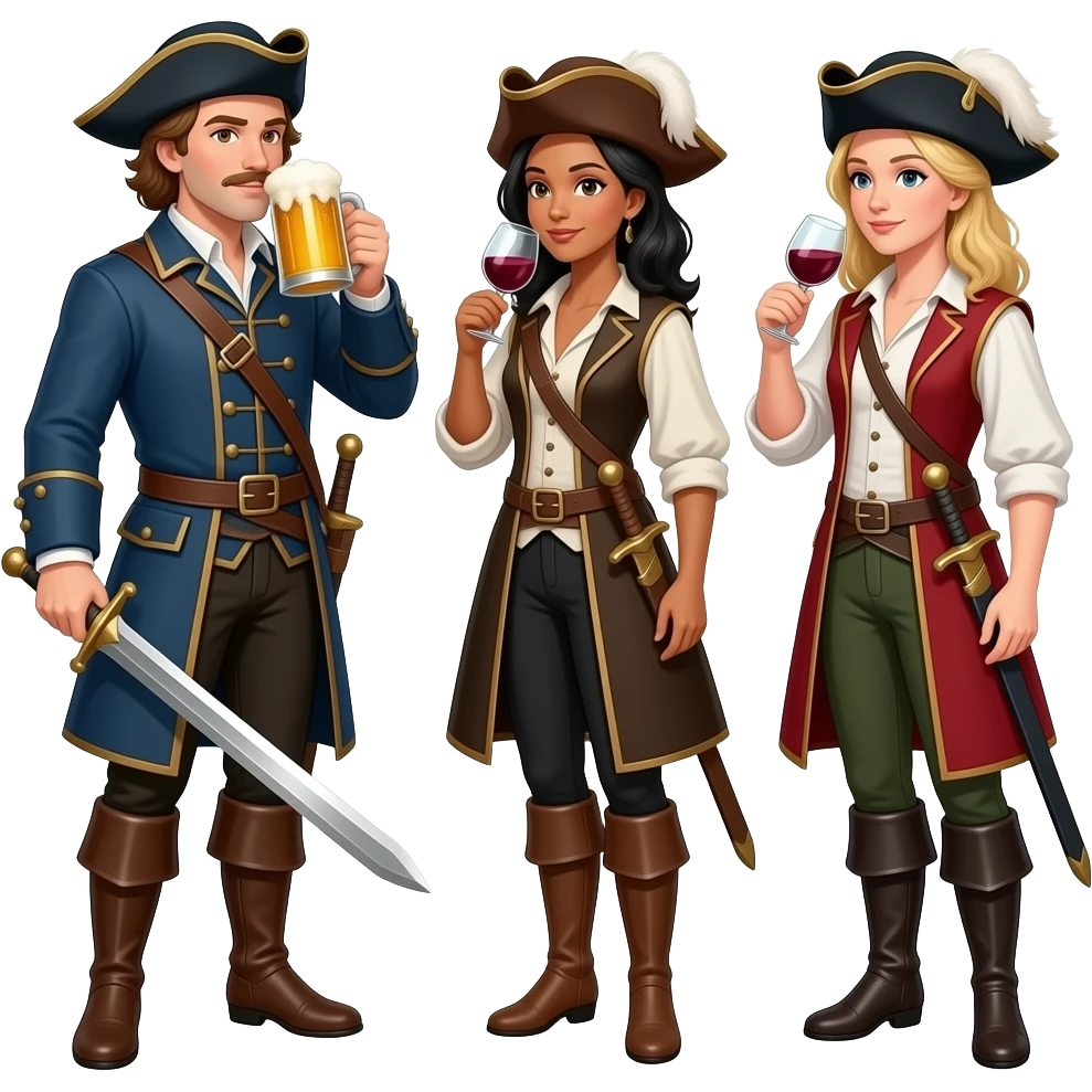 Three musketeers with swords and hats. One guy with brown hair and brown eyes, one girl with black hair and tanned skin and one girl with blond hair. You have to see them in full, the guy is drinking beer and the girls wine. emoji