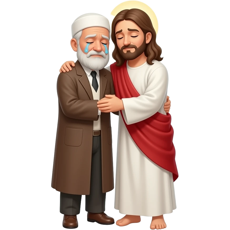 картинка во весь рост пожилой мужчина мусульманин со слезами на глазах обнимает Иисуса во весь рост emoji