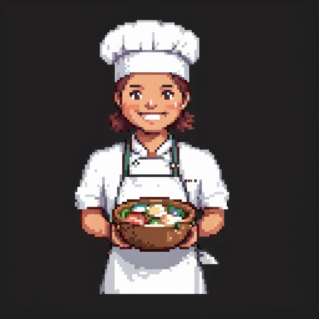 Portrait of a smiling baker wearing a chef hat and a clean apron, holding a large mixing bowl, skeuomorphism style emoji