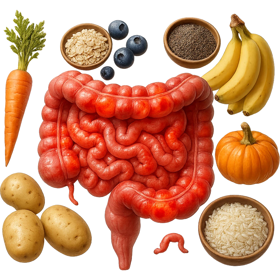 intestino umano anatomico infiammato con carota, bowl di avena, mirtilli, bowl di semi di chia, patate, banane, zucca, bowl di riso che gli fluttuano intorno , iperrealistico 4k emoji