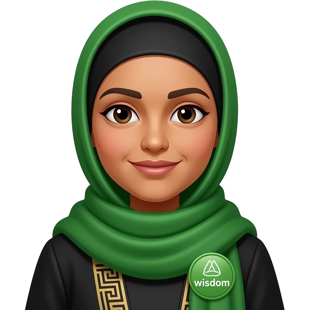 make someone whose name u think might be Alifna, make her wear a green scarf, black hijab,, skin normal indian skin, make her wear a green colour badge with the this being written "wisdom" emoji