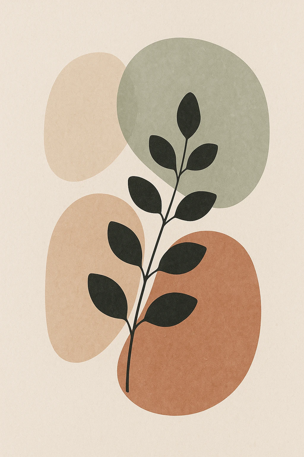 abstract botanical wall art, minimalist scandinavian style, large rounded organic shapes, eucalyptus branch silhouette, neutral earth tones (beige, sage, terracotta), subtle paper texture, modern interior decor, full bleed composition --v 6 --ar 3:4 --q 2 --style 4a emoji