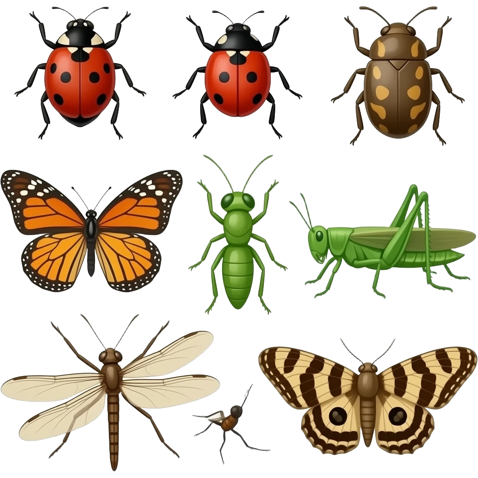 Bee, ladybug, ant, beetle, butterfly, grasshopper, mosquito, dragonfly, and moth emoji
