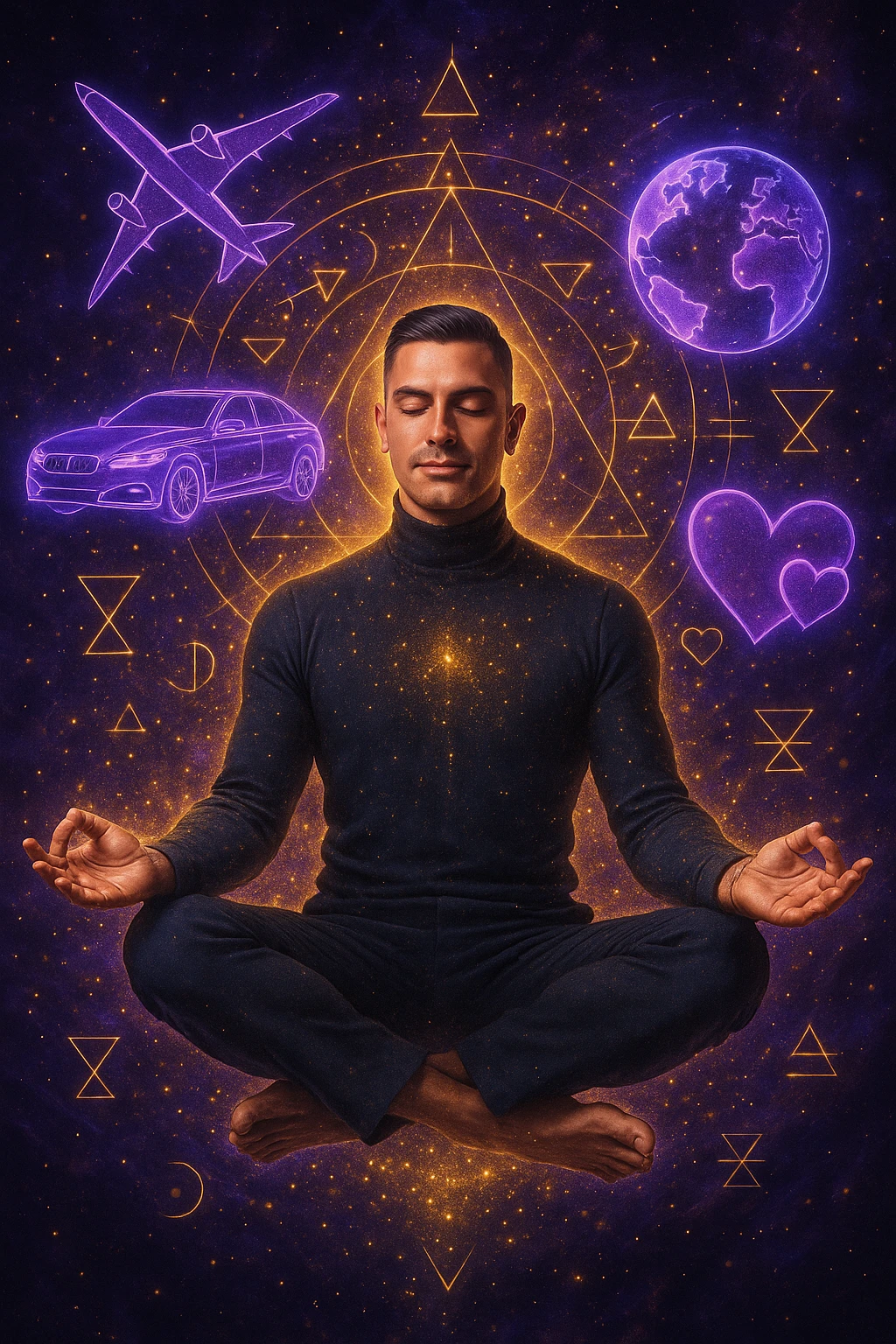 "Un uomo in meditazione fluttuante nello spazio cosmico, circondato da particelle dorate e simboli alchemici. Intorno a lui, oggetti e situazioni dei suoi desideri (auto, viaggi, amore) si materializzano come ologrammi luminosi. Stile cyber-mistico, colori viola e oro." emoji