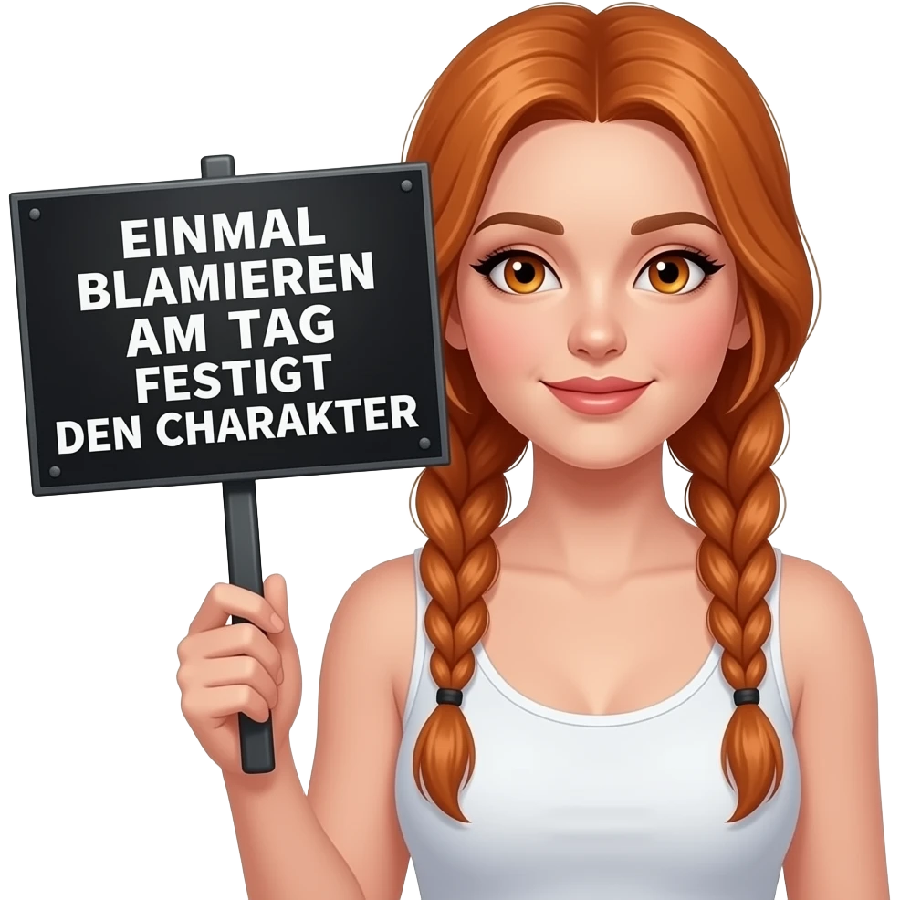 sexy girl with long ginger braids and ginger eyes wearing a white tanktop holds a black sign with EINMAL BLAMIEREN AM TAG FESTIGT DEN CHARAKTER written on it emoji