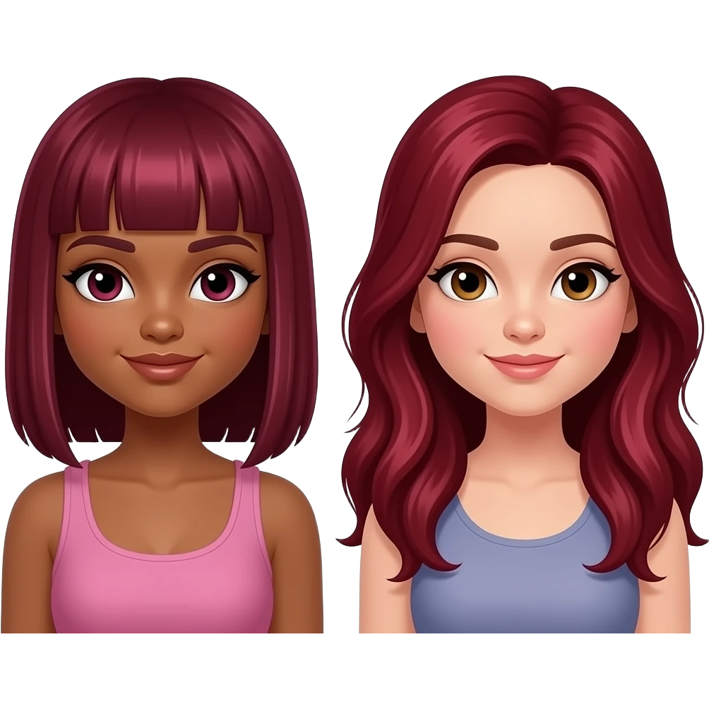 Emoji de deux fille avec cheveux rouge borde, l’une avec des cheveux rouge bordeaux lisse et l’autre avec des locks longue rouge bordeaux deux filles noires emoji