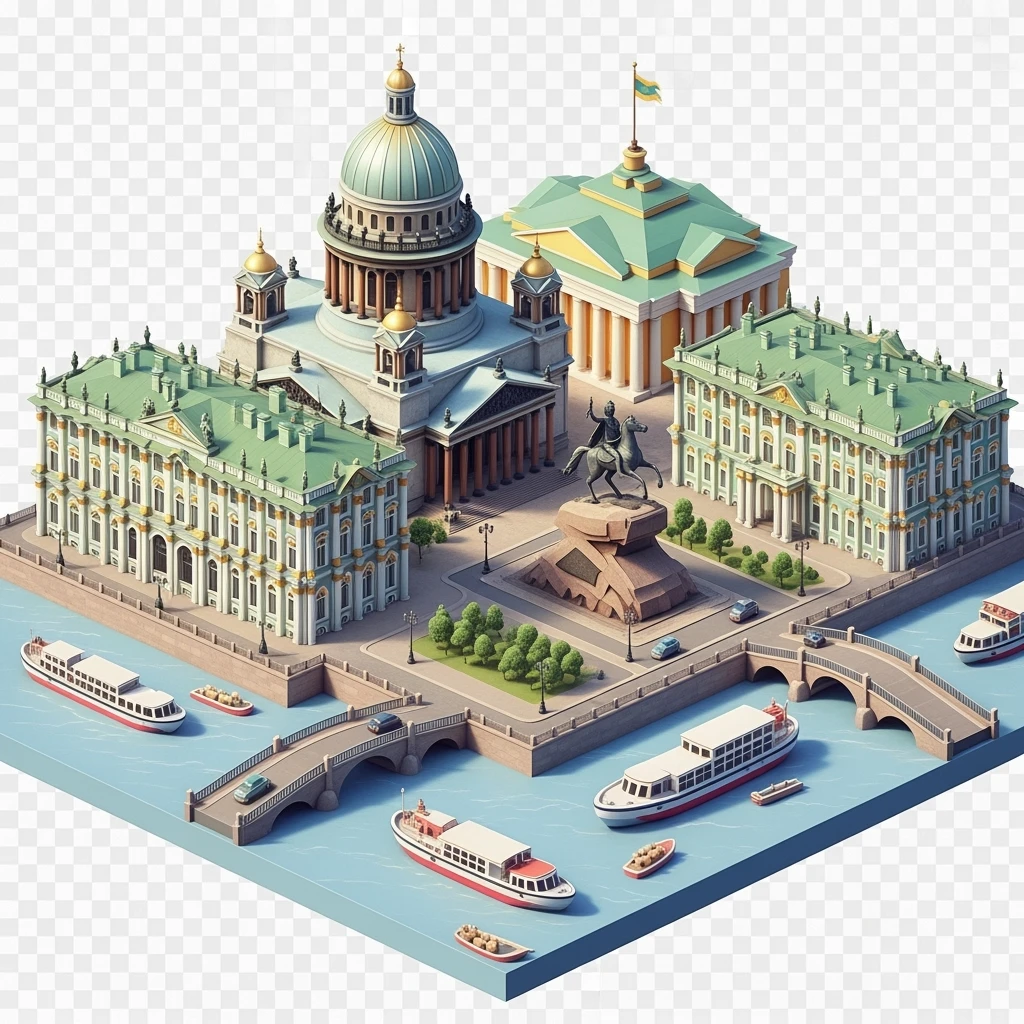 Isometric illustration of Saint Petersburg with the Saint Isaac’s Cathedral, the photorealistic Winter Palace, and the Bronze Horseman statue, toy boats and bridges, in pastel miniature diorama style, transparent background emoji