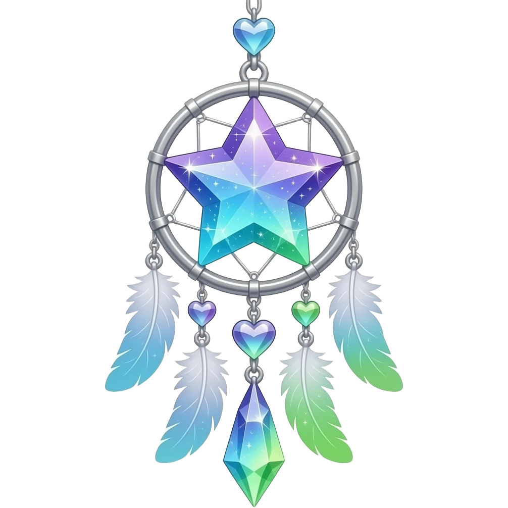Starry shiny sparkly Purple-Blue-cyan-lime-green-gradients and silver cold-cool-colored romantic lush beautiful pretty hanging crystal-catcher aesthetic with hearts and sparkles and feathers emoji