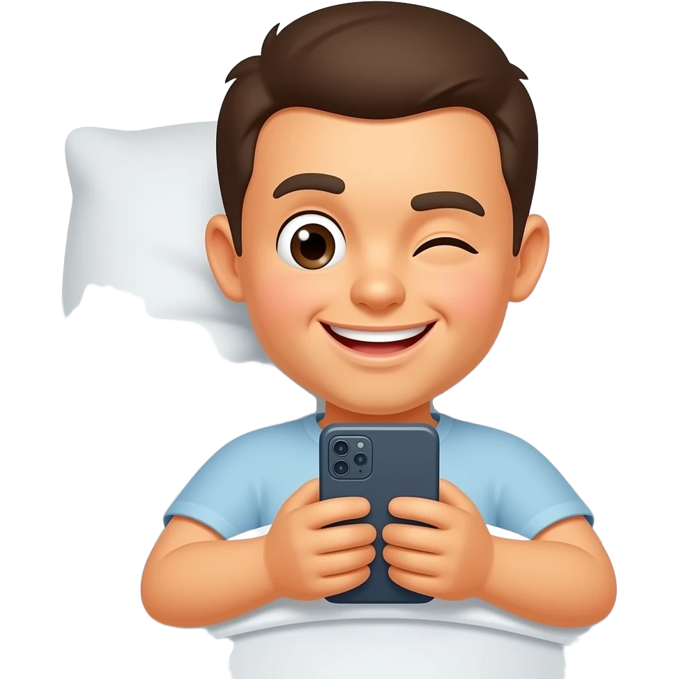 Yellow smiley reading phone messages in bed with one eye open emoji