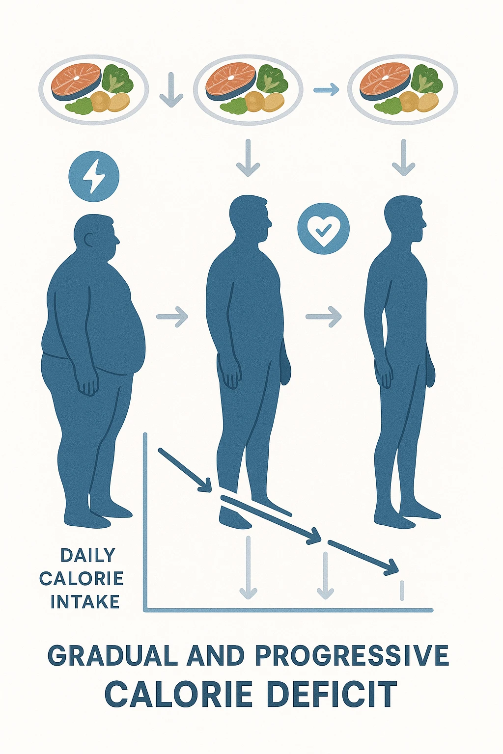 una sequenza di tre sagome umane affiancate, ognuna rappresenta una fase diversa di perdita di peso graduale. Sopra ogni figura, un piatto mostra porzioni di cibo bilanciate ma leggermente ridotte. Frecce e grafici illustrano una diminuzione lenta e costante dell’apporto calorico giornaliero, con icone che rappresentano energia, salute e mantenimento della massa muscolare. Sfondo pulito e moderno, con etichette chiare che spiegano “deficit calorico graduale e progressivo” emoji