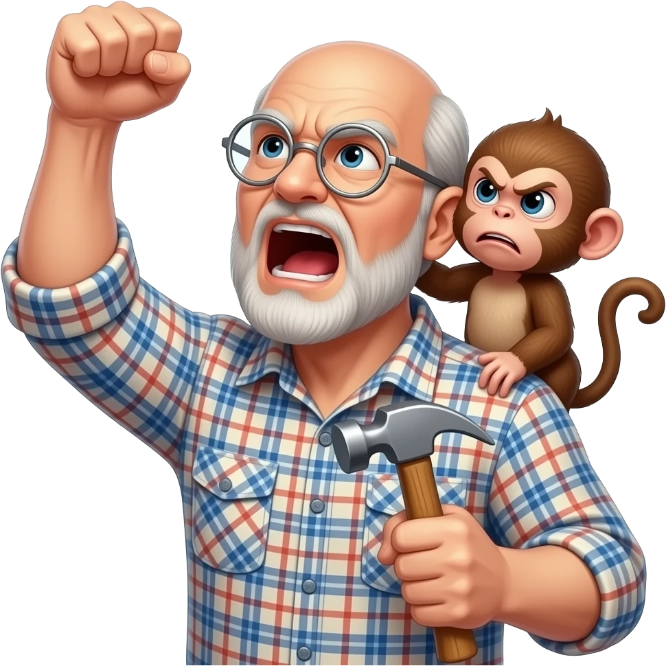 Angry old man with a plaid shirt with silver round glasses balding, NO beard & NO mustache yelling at the sky and shaking his fist at the sky holding a hammer in his LEFT hand and a angry baby monkey on his shoulder. emoji