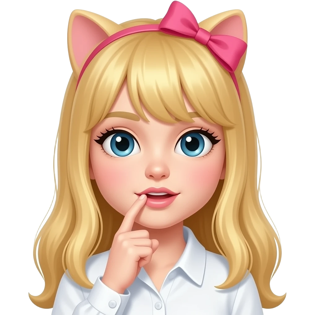una chica con el pelo rubio y largo la camizeta de color blanco y un laso rosa el el pelo y que se muerda el dedo como katteyes si pero sin las orejas quitale las orejas ya hay esta bien ahora ponle la camiza de color blanco emoji