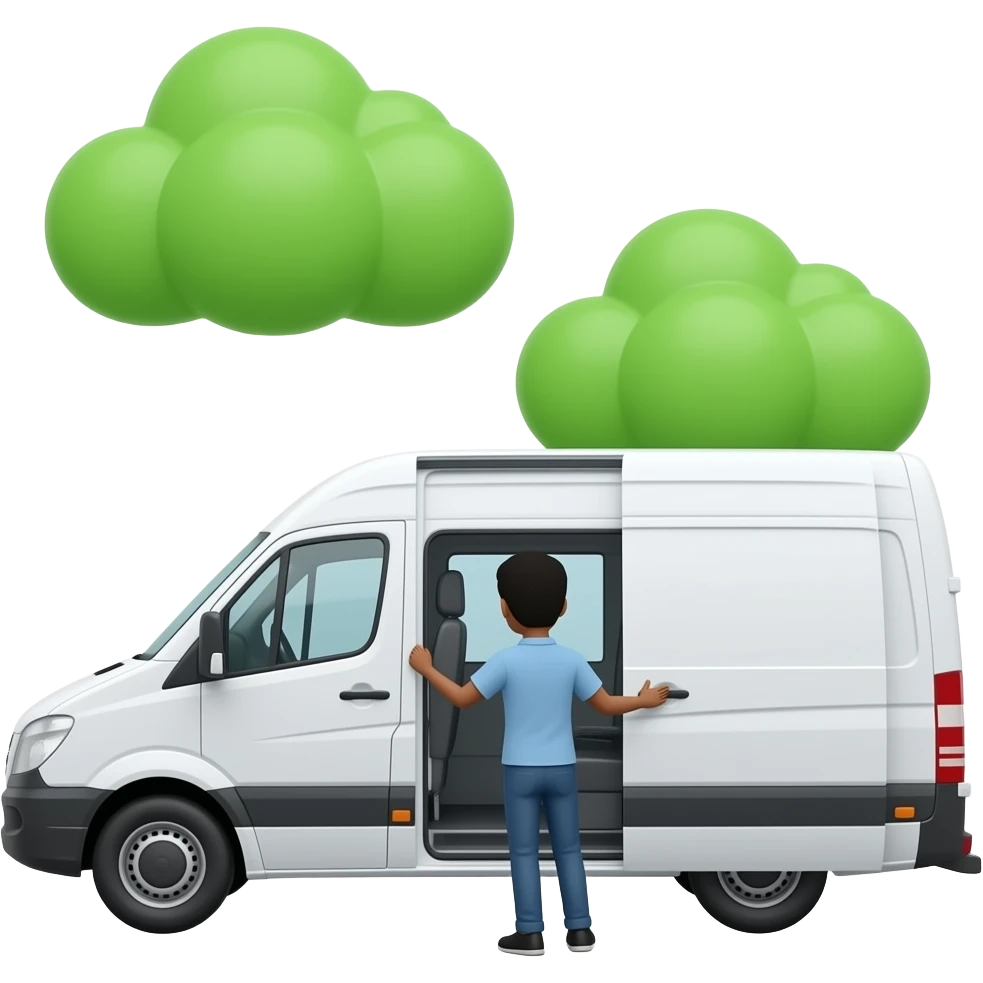 A black indian man opens the back door of a white van and the green cloud comes out of it. emoji
