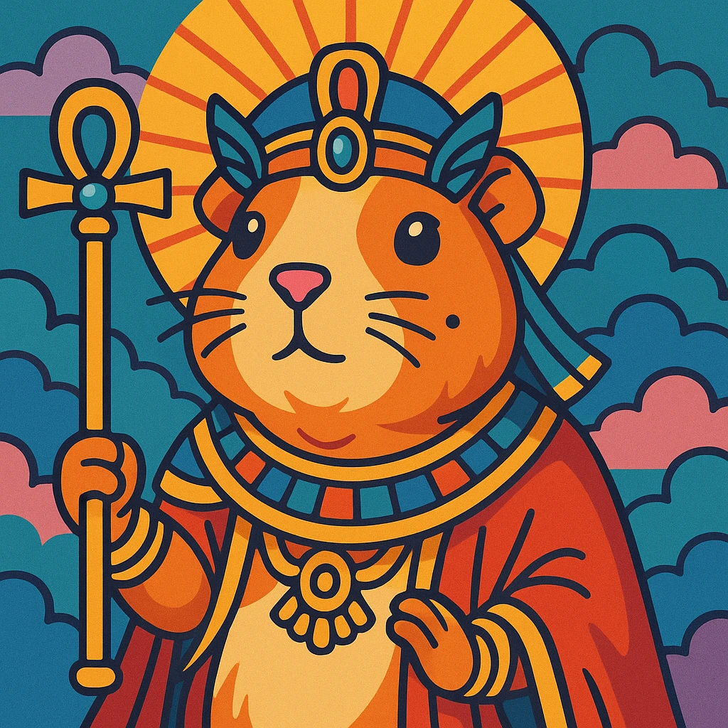almighty guinea pig god with a mole on the left cheek, holding a scepter, ornate, vibrant toon style emoji