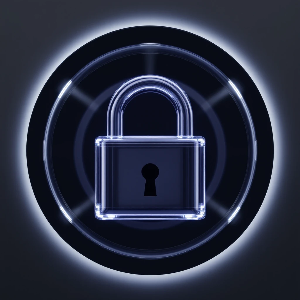 Photo of a 3d made of glass padlock, black void around symmetrical 3d render, rim light emoji