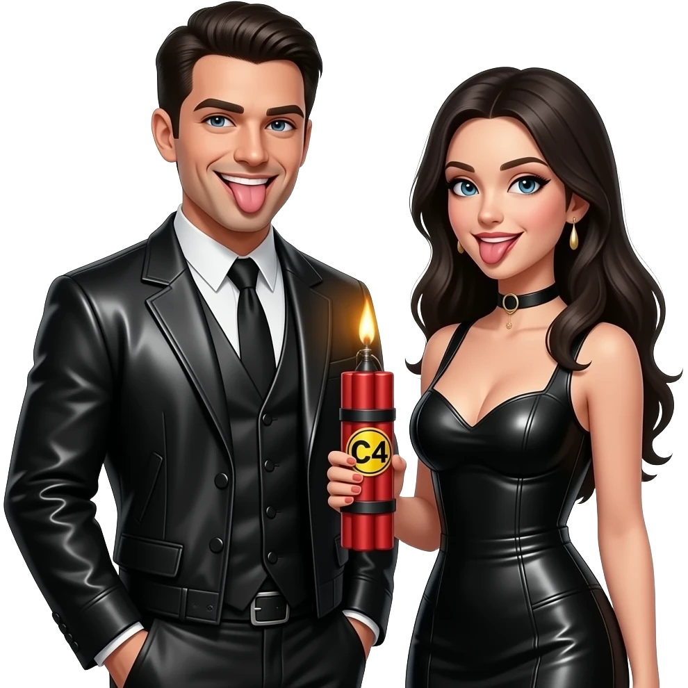Sexy gothic leather dressed guy and girl wholding a lit stick of C4 dynamite smile with their tongues out playfully emoji