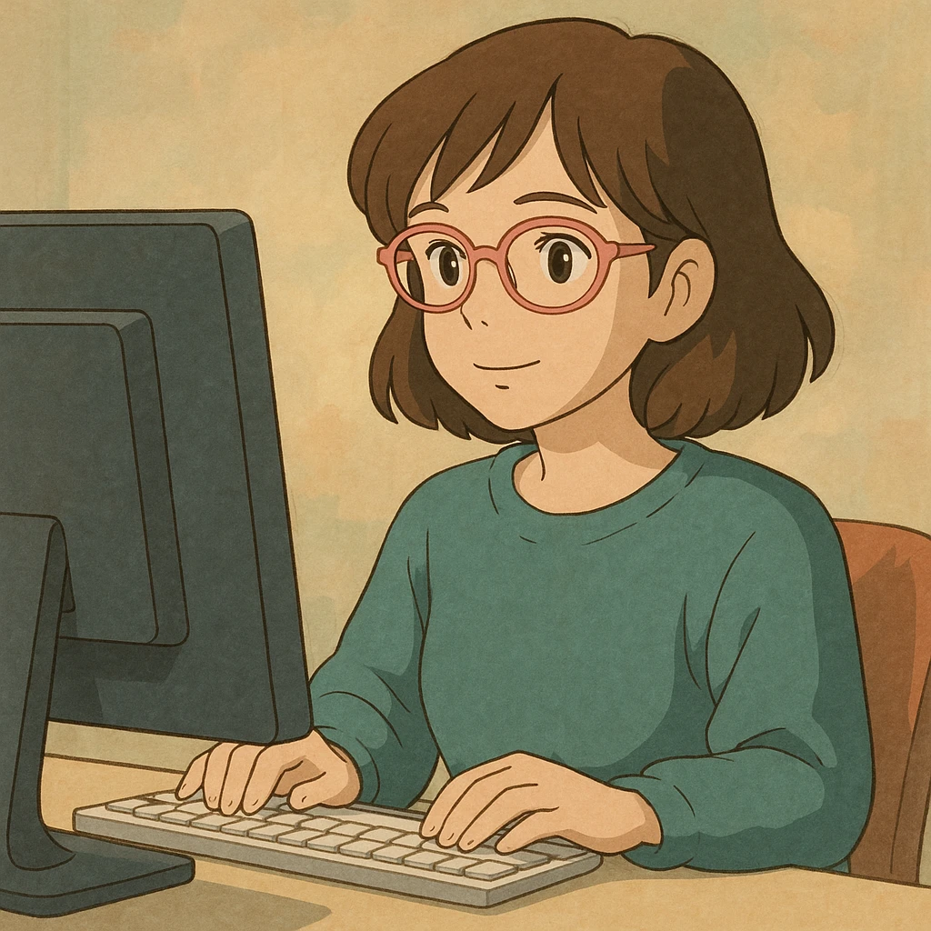 woman with light pink glasses working on computer, light skin, brown hair, ghibli style, soft background emoji