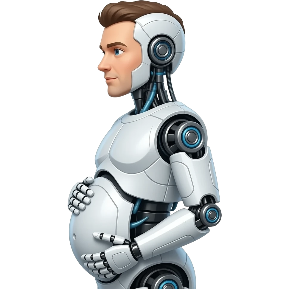 Pregnant male robot. Profile view. Facing left. 2 dimensional emoji style. As though it was emoji