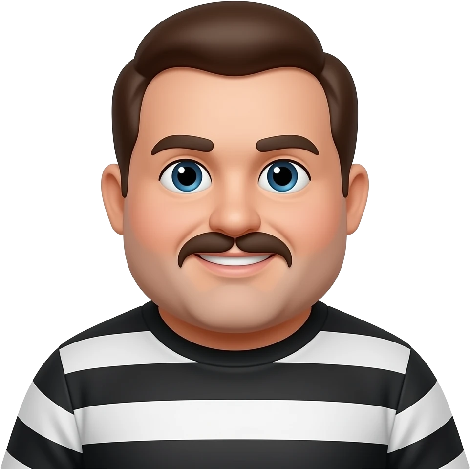 a chubby man with rounded facde mostache wear black and white stripes emoji