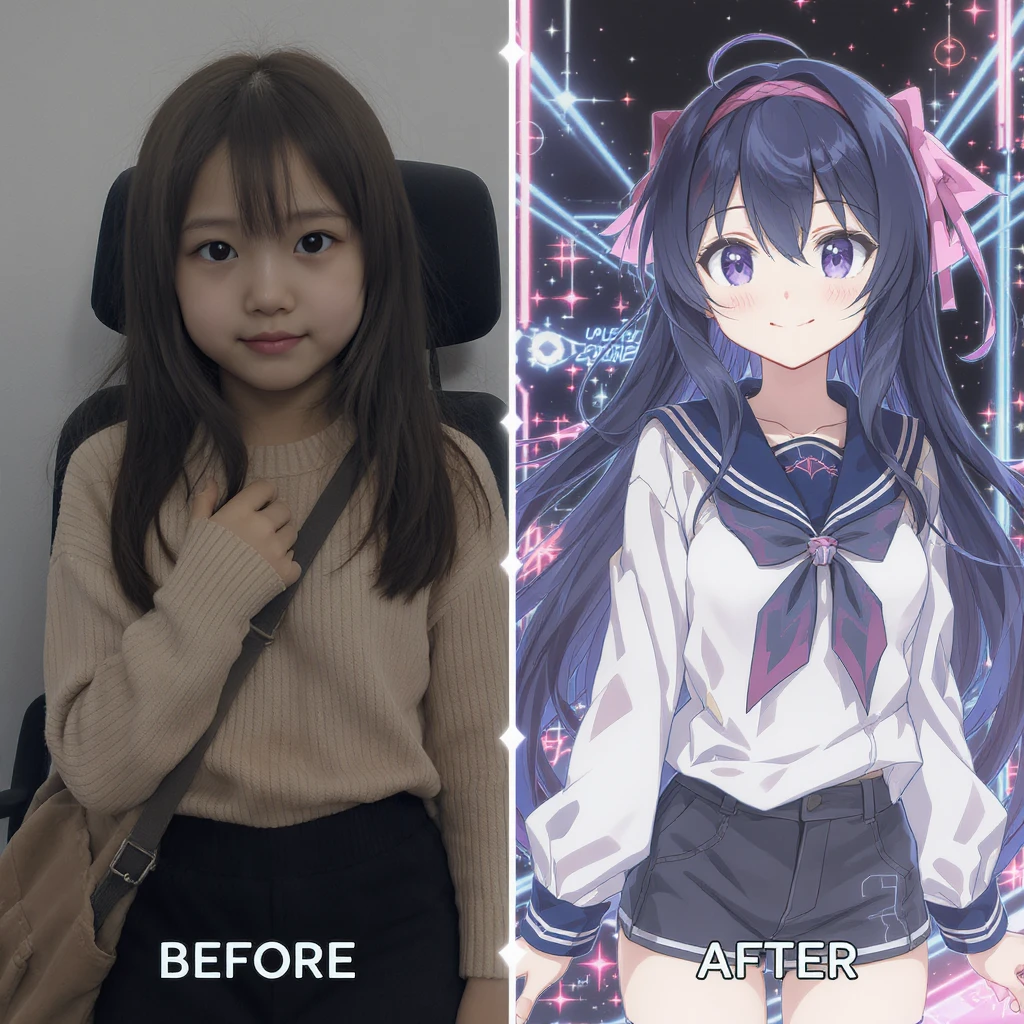 create before after image of a girl before is realsitic photo, after is anime version of her in same pose and clothes, add logo with text of a "FLUX Kontext Pro" emoji