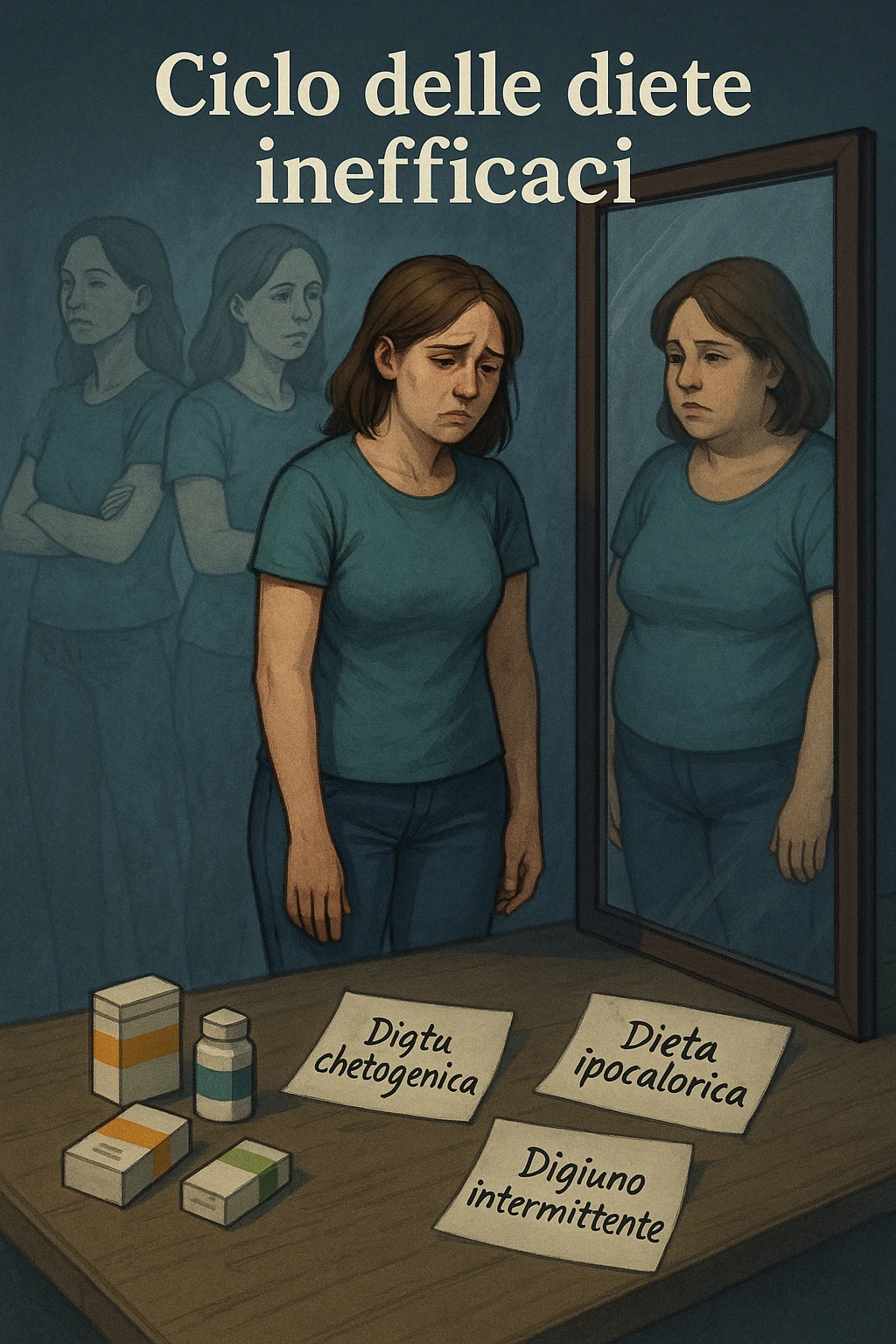 Donna tra i 30 e i 40 anni, in piedi davanti a uno specchio, con espressione delusa e stanca. Accanto a lei, sul pavimento, scatole di integratori, foglietti con scritte tipo 'Dieta chetogenica', 'Digiuno intermittente', 'Dieta ipocalorica'. Riflesso nello specchio mostra una versione di sé con peso aumentato, come se fosse tornata indietro nel tempo. Attorno a lei, immagini sbiadite o sovrapposte di sé in passato, quando era dimagrita. Atmosfera emotiva, simbolica, con luce fredda e sfumature di frustrazione. Messaggio visivo forte: 'ciclo delle diete inefficaci' in italiano emoji