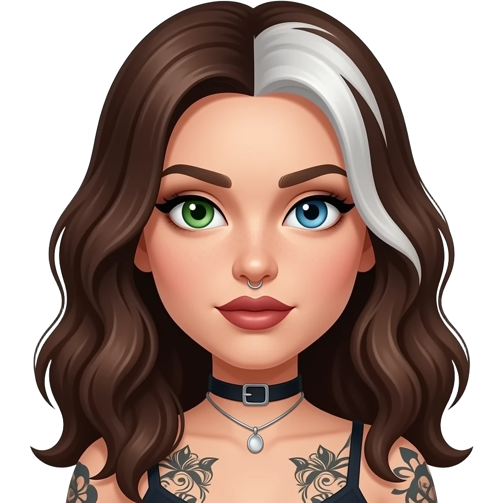 white long wavy haired brunette woman with one green eye one blue eye tattoos a philtrum piercing and a thin streak of white hair at the front and dark feminine makeup emoji