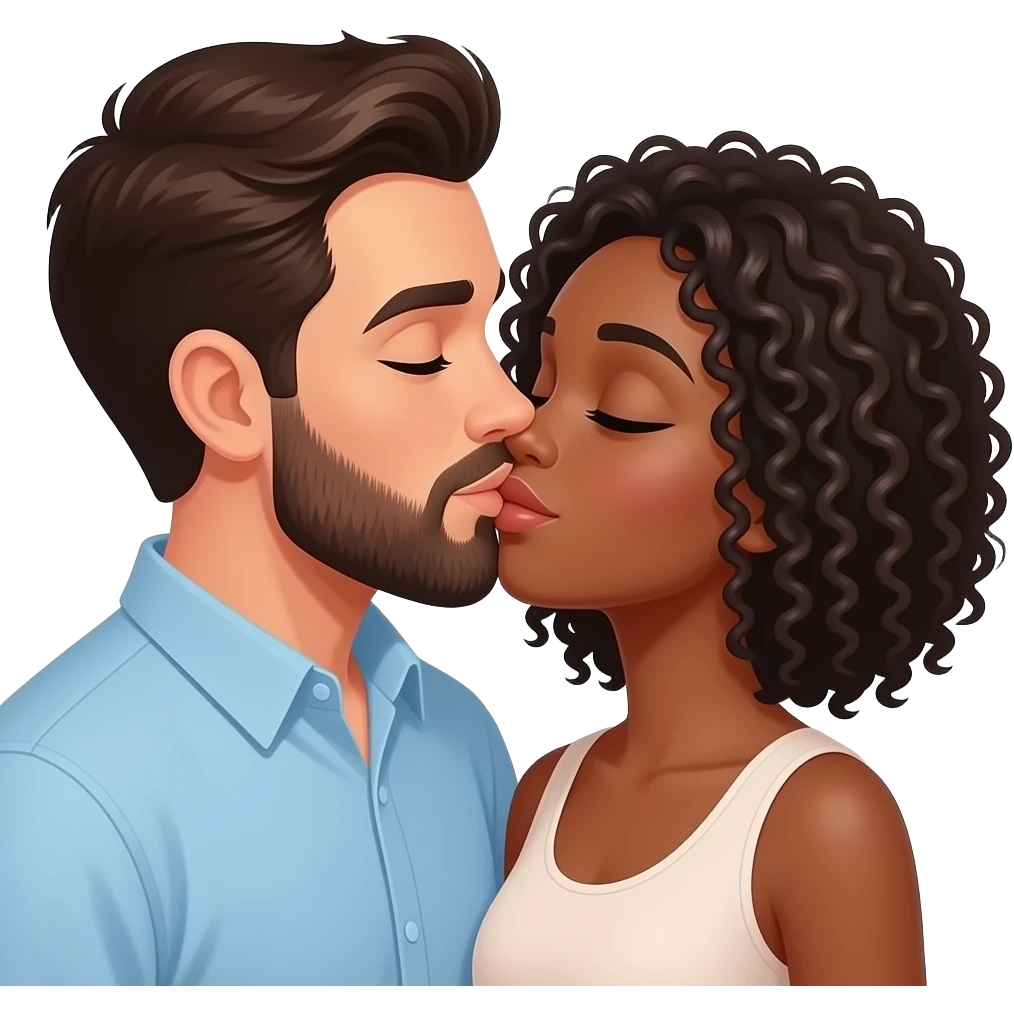 White man with dark brown hair and beard kissing a black woman with curly hair emoji