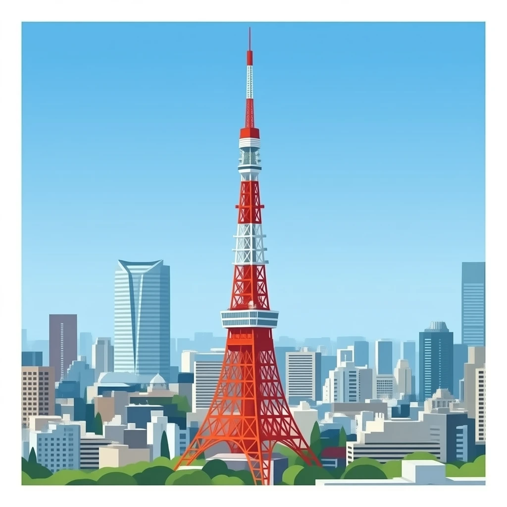 bright red Tokyo Tower standing in the center, lattice steel structure, simple Tokyo skyline behind, clear sky, stylized 3D cartoon, clean mobile game icon style emoji